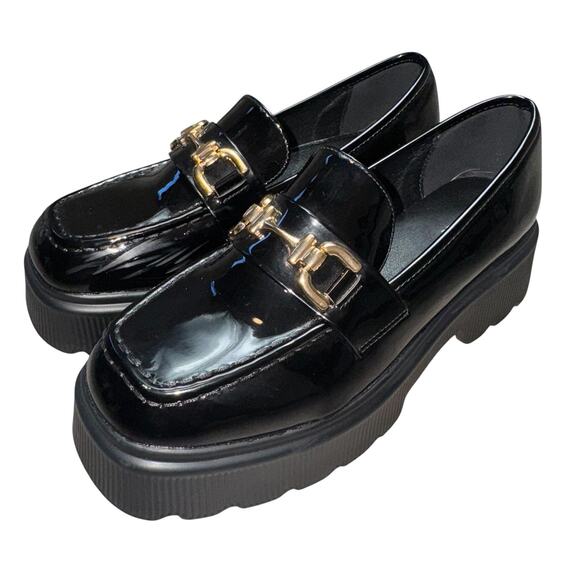 Cider Loafer Shoes Womens Size 38 Platform Chunky Gold Chain Slip On Patent - Picture 3 of 8
